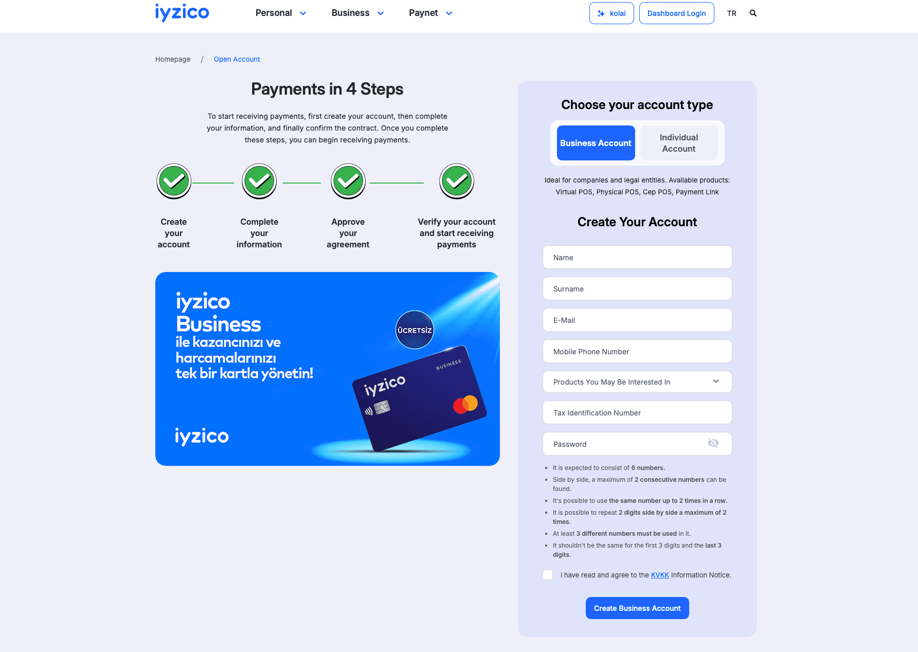 Create an iyzico business account before connecting payments to OrdeON.